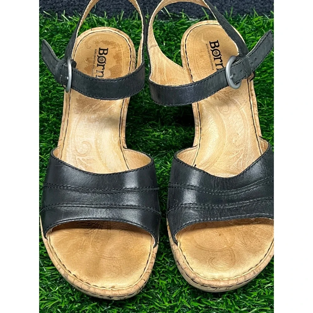 Born Womens Black Leather Cork Wedge Sandals Ankle Strap Platform Shoes Size 9